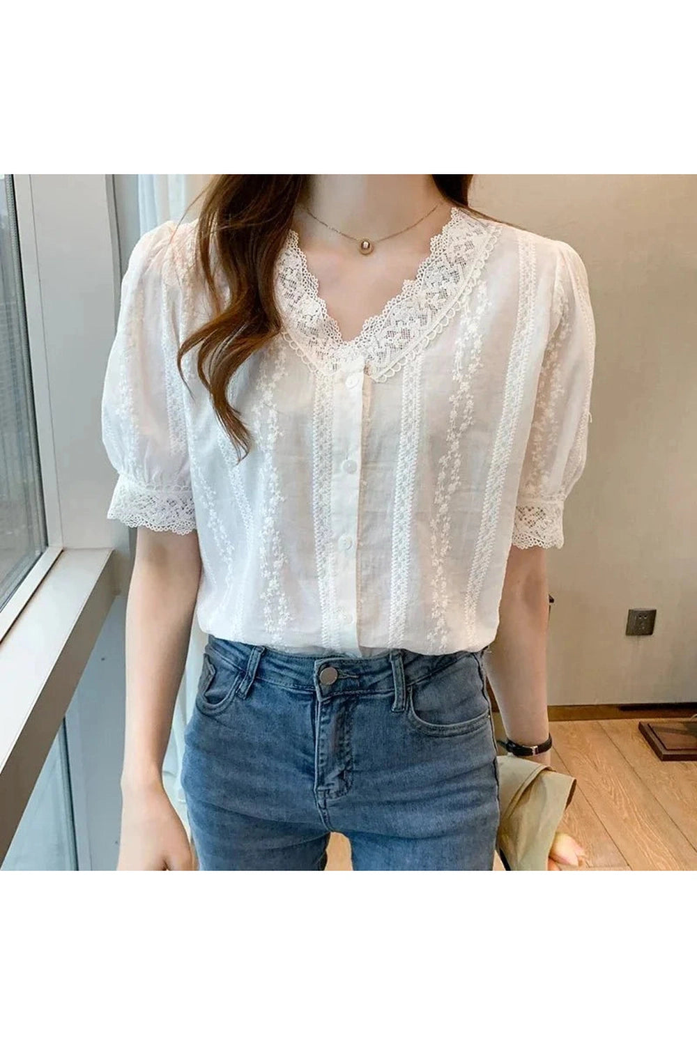 Y2k Lace V-Neck White Blouse