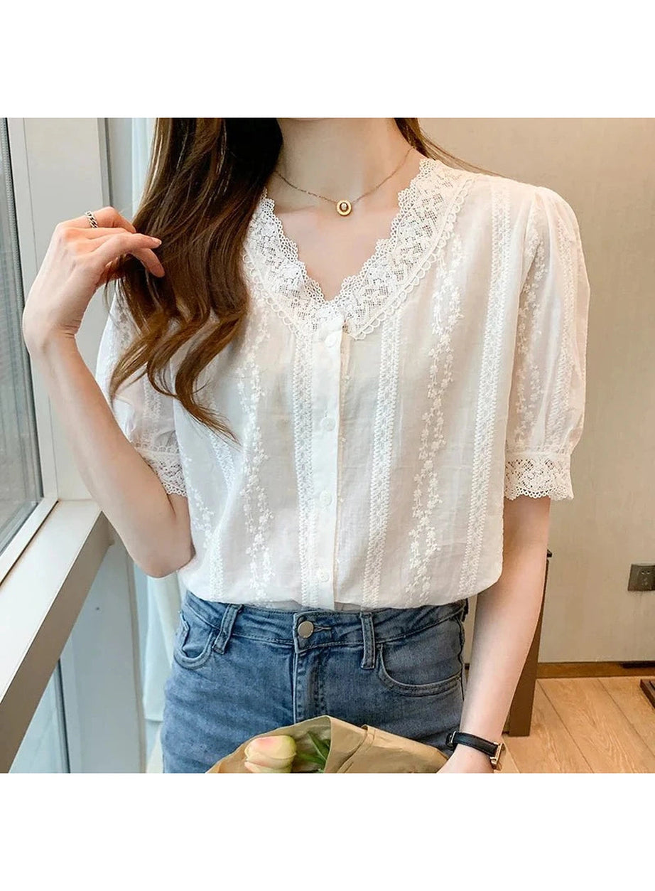Y2k Lace V-Neck White Blouse