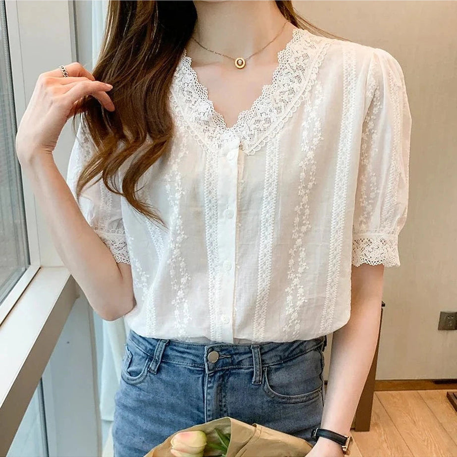 Y2k Lace V-Neck White Blouse