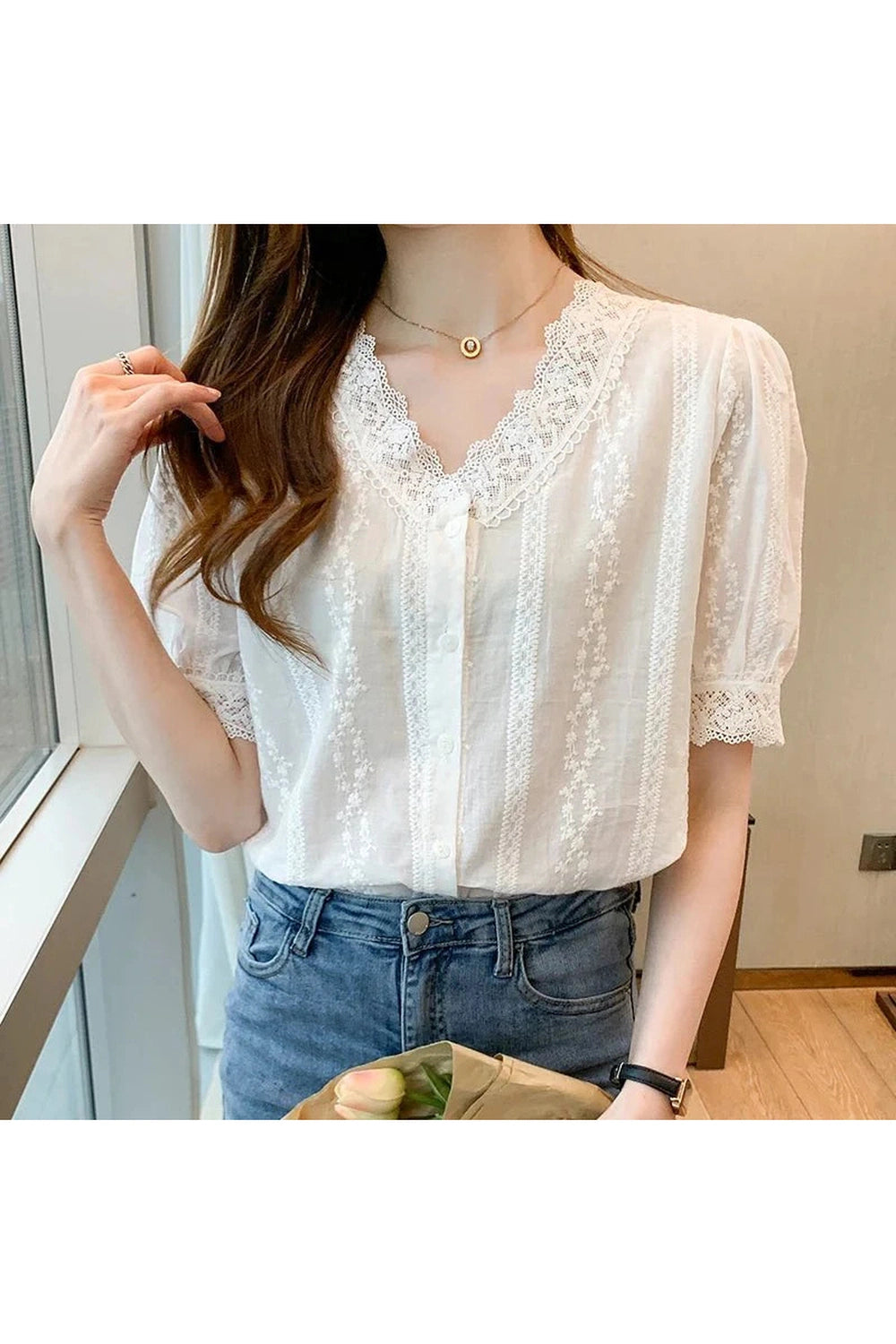 Y2k Lace V-Neck White Blouse