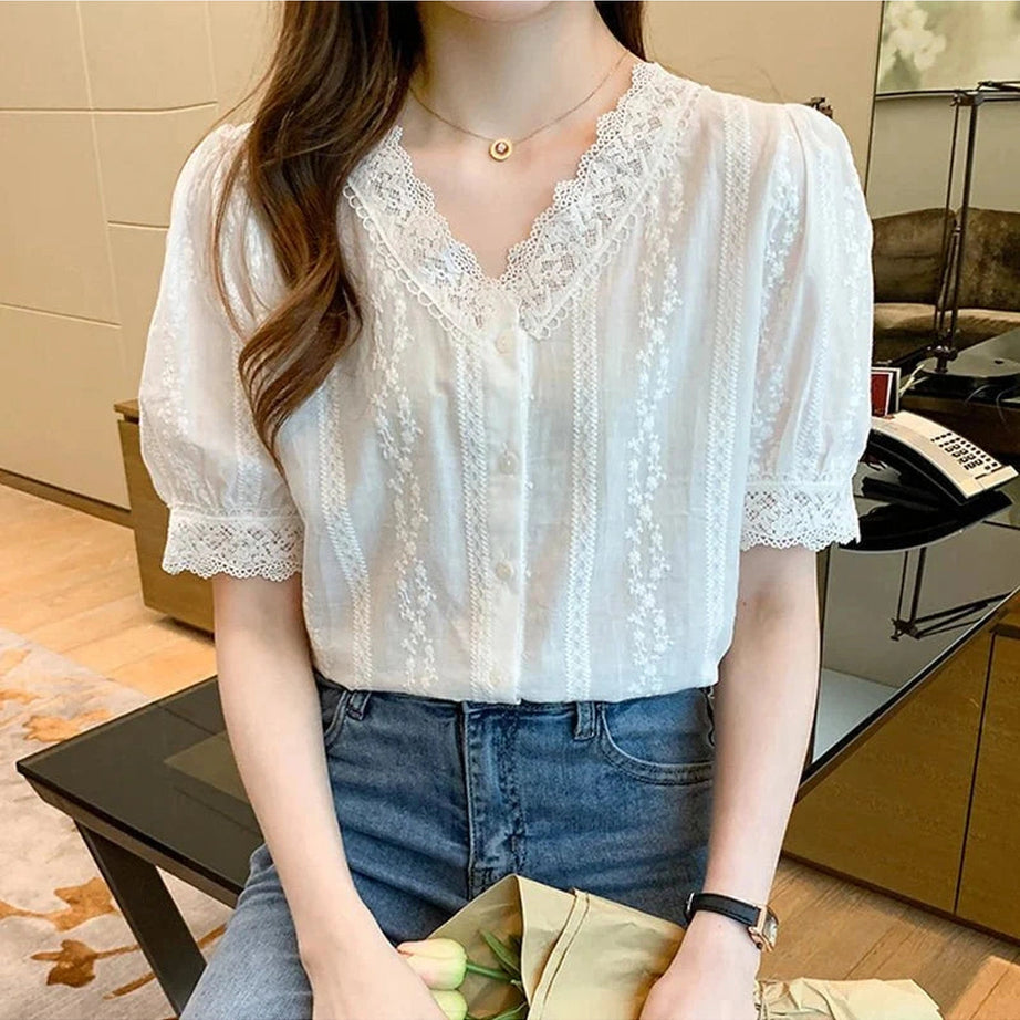 Y2k Lace V-Neck White Blouse