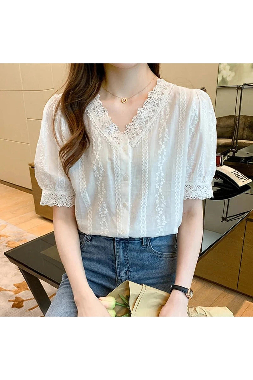 Y2k Lace V-Neck White Blouse