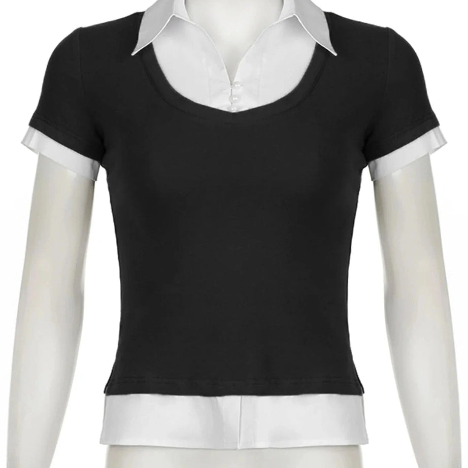 Y2k Layered Collared Contrast Top