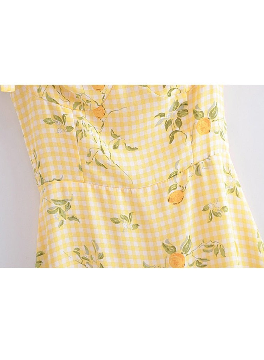 Y2k Lemon Print Plaid Dress