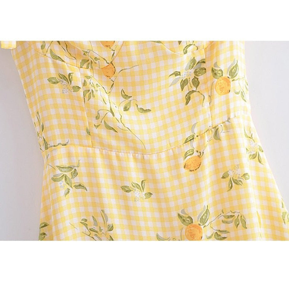 Y2k Lemon Print Plaid Dress