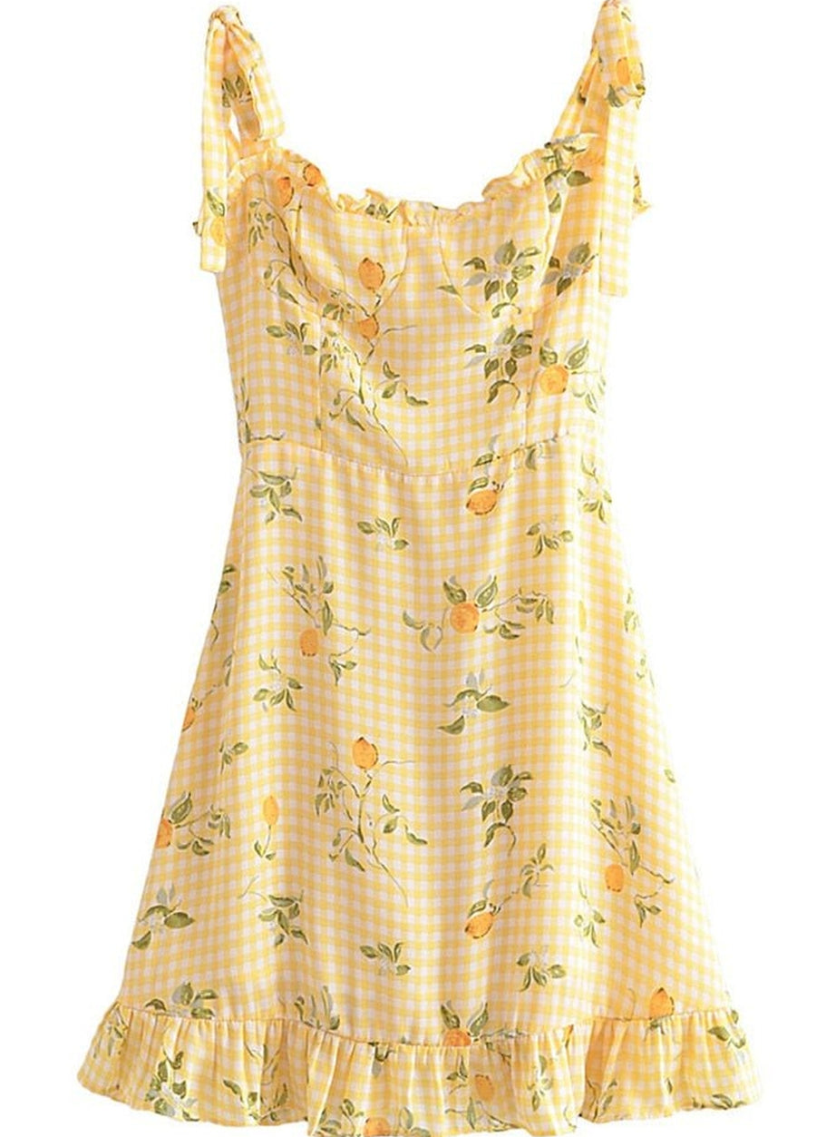 Y2k Lemon Print Plaid Dress