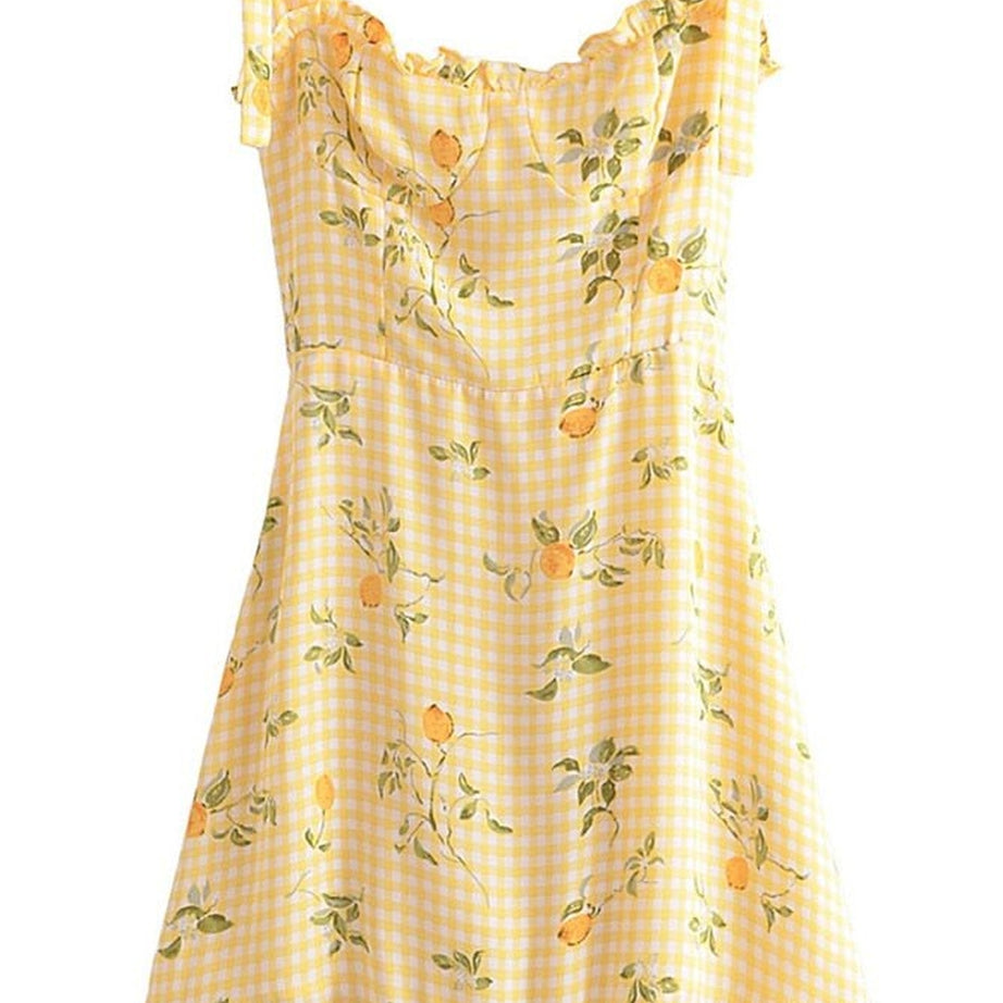 Y2k Lemon Print Plaid Dress