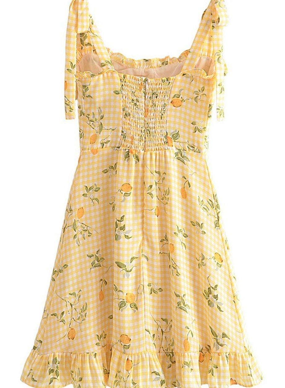 Y2k Lemon Print Plaid Dress