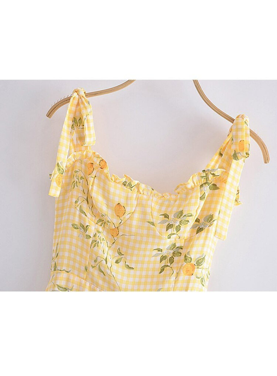 Y2k Lemon Print Plaid Dress