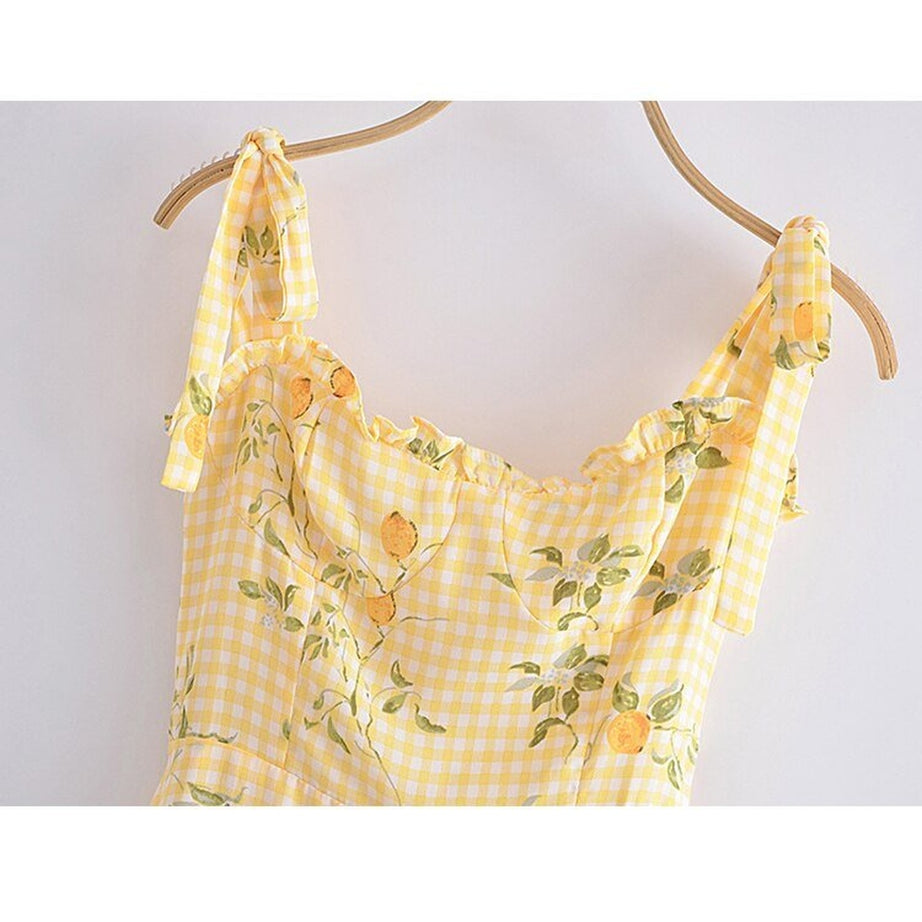 Y2k Lemon Print Plaid Dress
