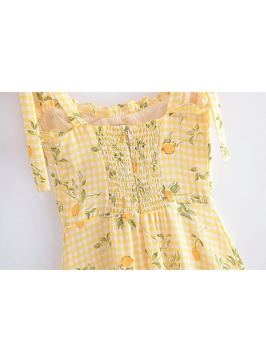 Y2k Lemon Print Plaid Dress