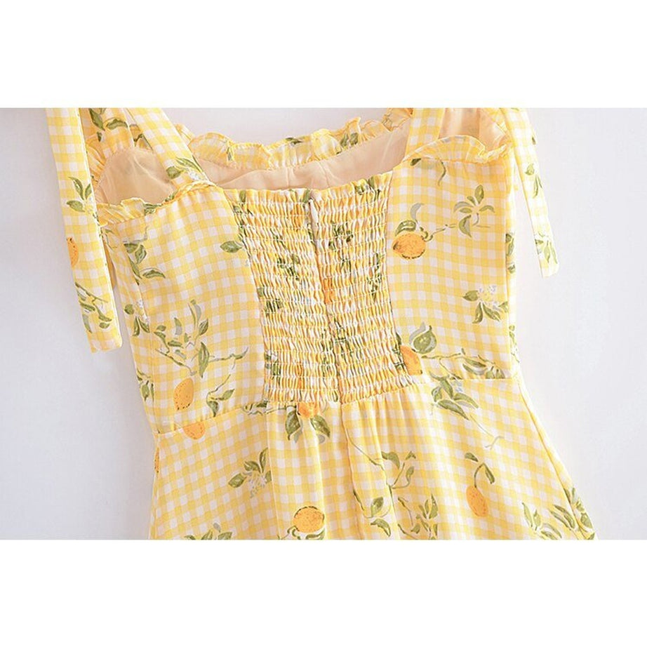 Y2k Lemon Print Plaid Dress