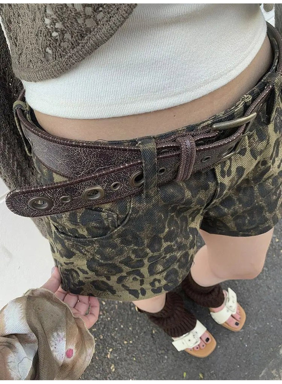 Y2k Leopard Print Denim Shorts