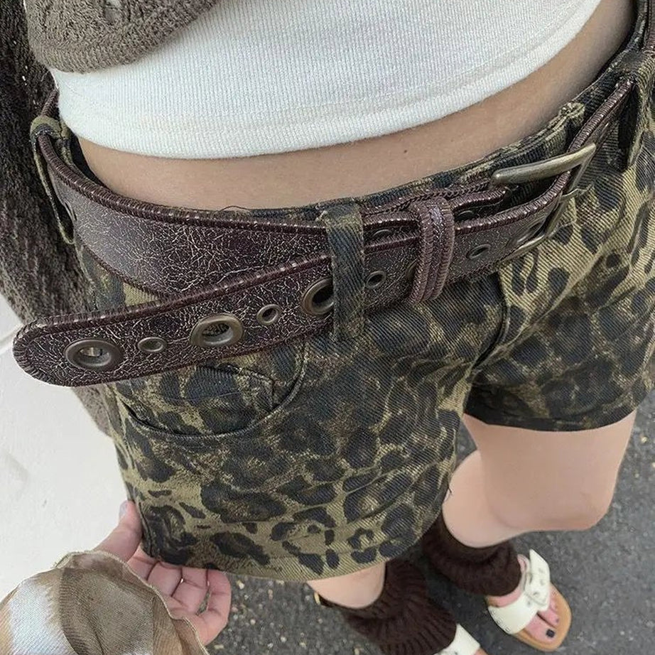 Y2k Leopard Print Denim Shorts