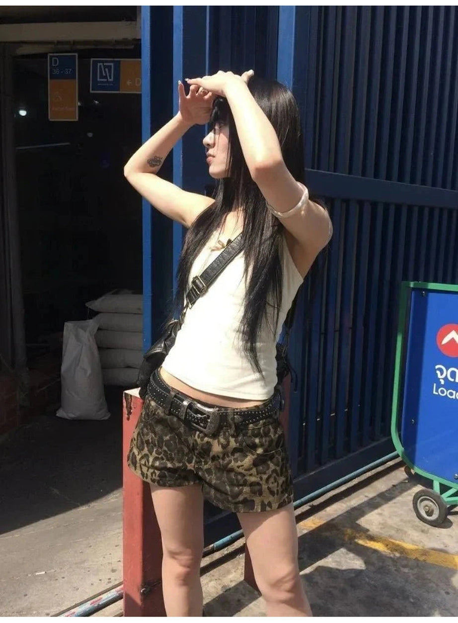 Y2k Leopard Print Denim Shorts