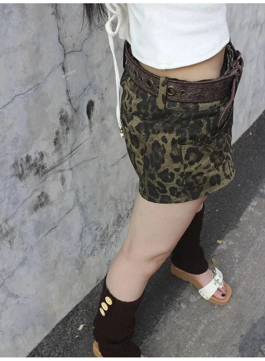 Y2k Leopard Print Denim Shorts