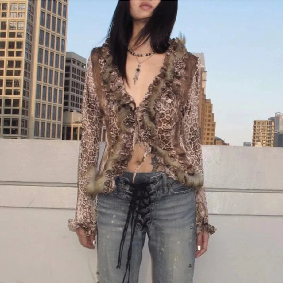 Y2k Leopard Print Fur Shirt