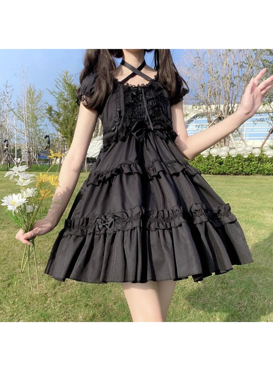 Y2k Kawaii Goth Lace Ruffle Dress