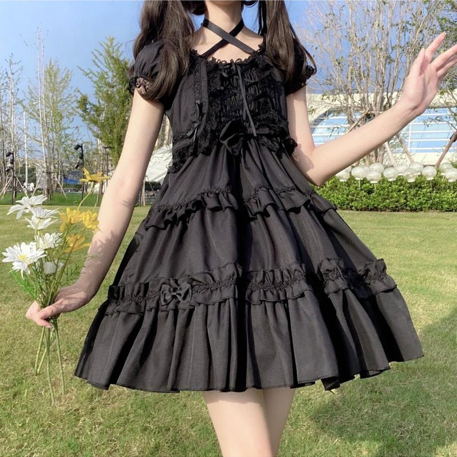 Y2k Kawaii Goth Lace Ruffle Dress