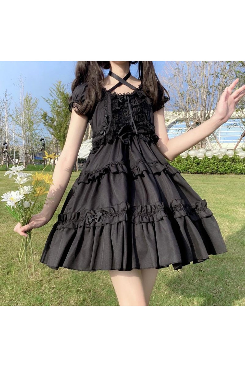 Y2k Kawaii Goth Lace Ruffle Dress