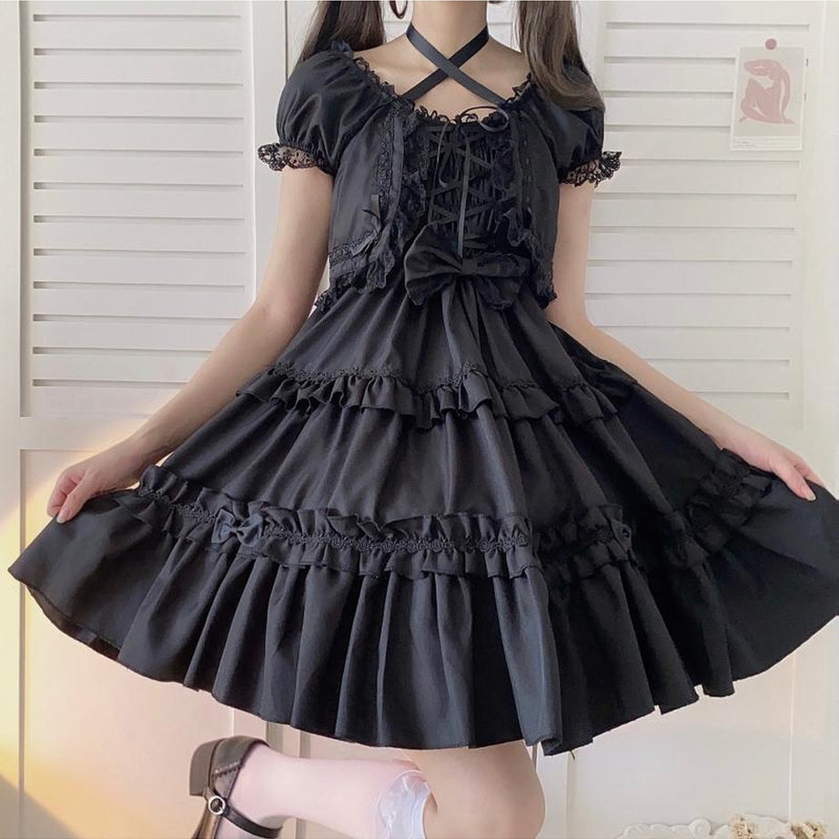 Y2k Kawaii Goth Lace Ruffle Dress