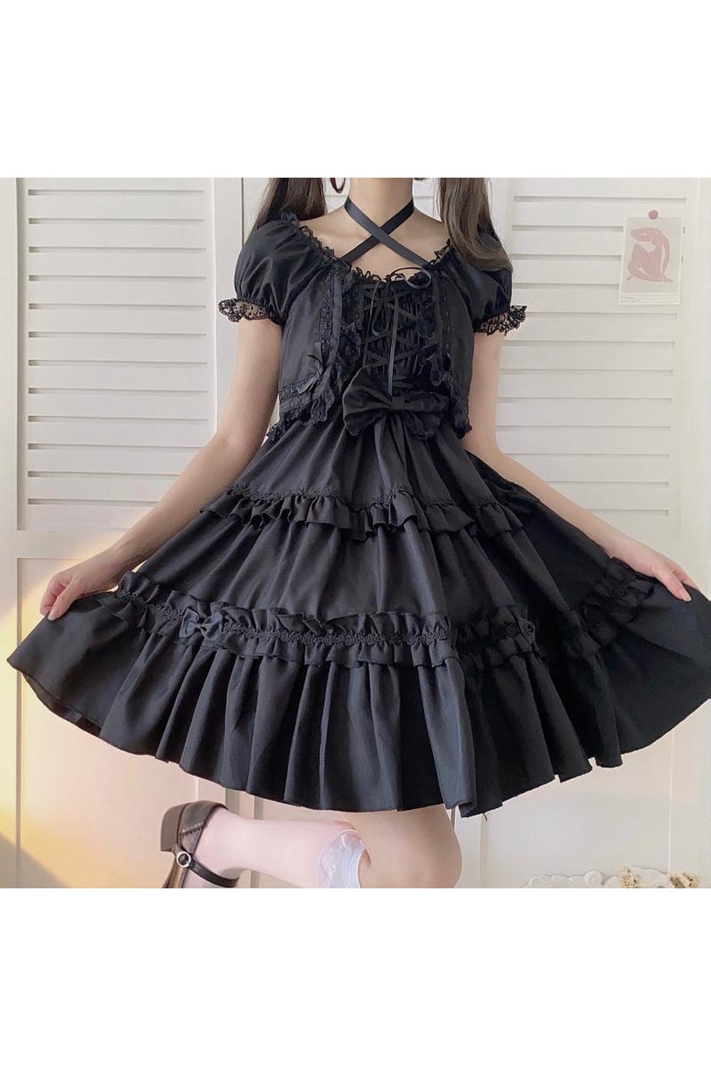 Y2k Kawaii Goth Lace Ruffle Dress