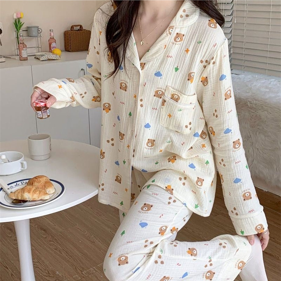 Y2k Long Sleeve Bear Print Pajama