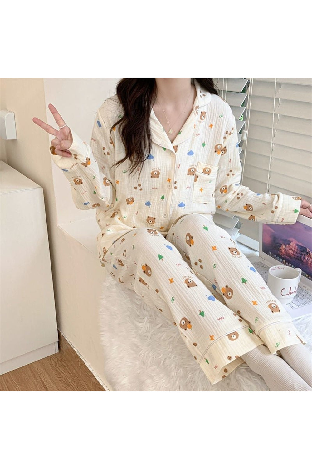 Y2k Long Sleeve Bear Print Pajama