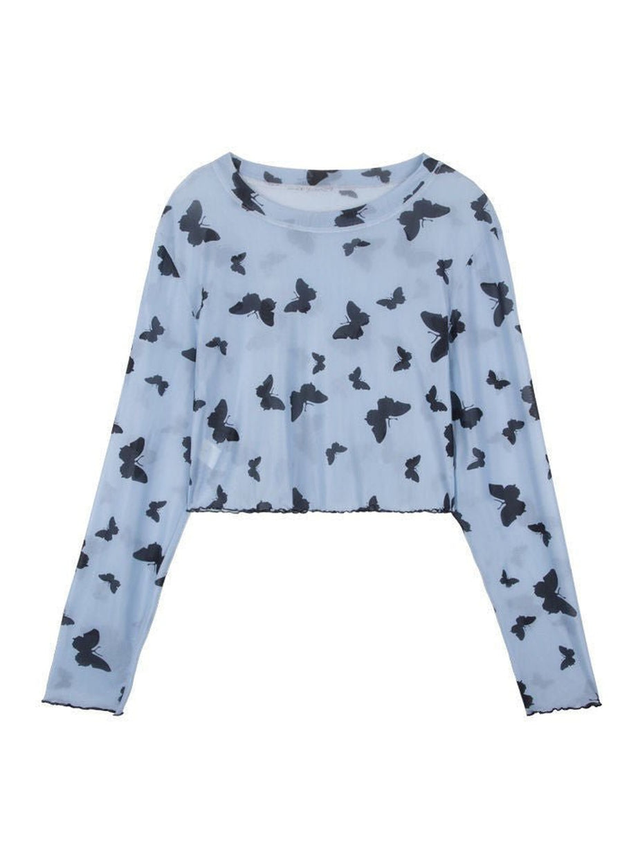 Y2k Long Sleeve Butterfly Mesh Crop Top