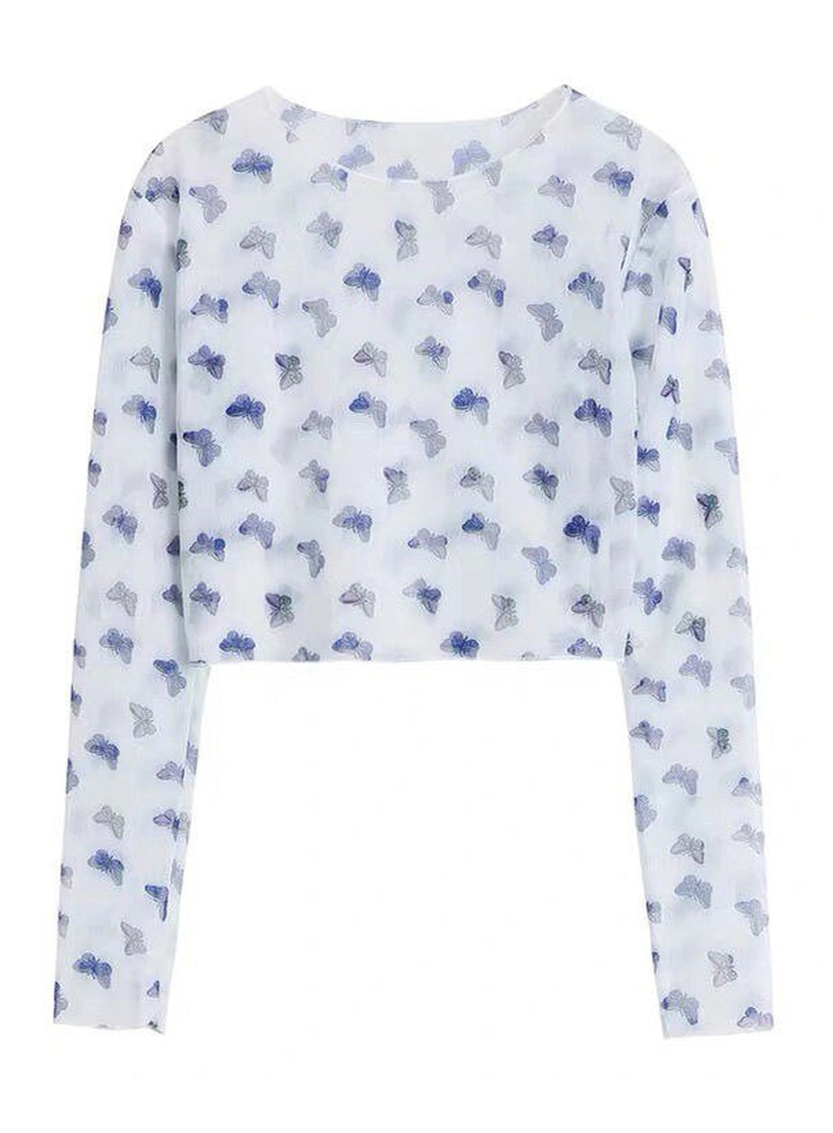 Y2k Long Sleeve Butterfly Mesh Crop Top
