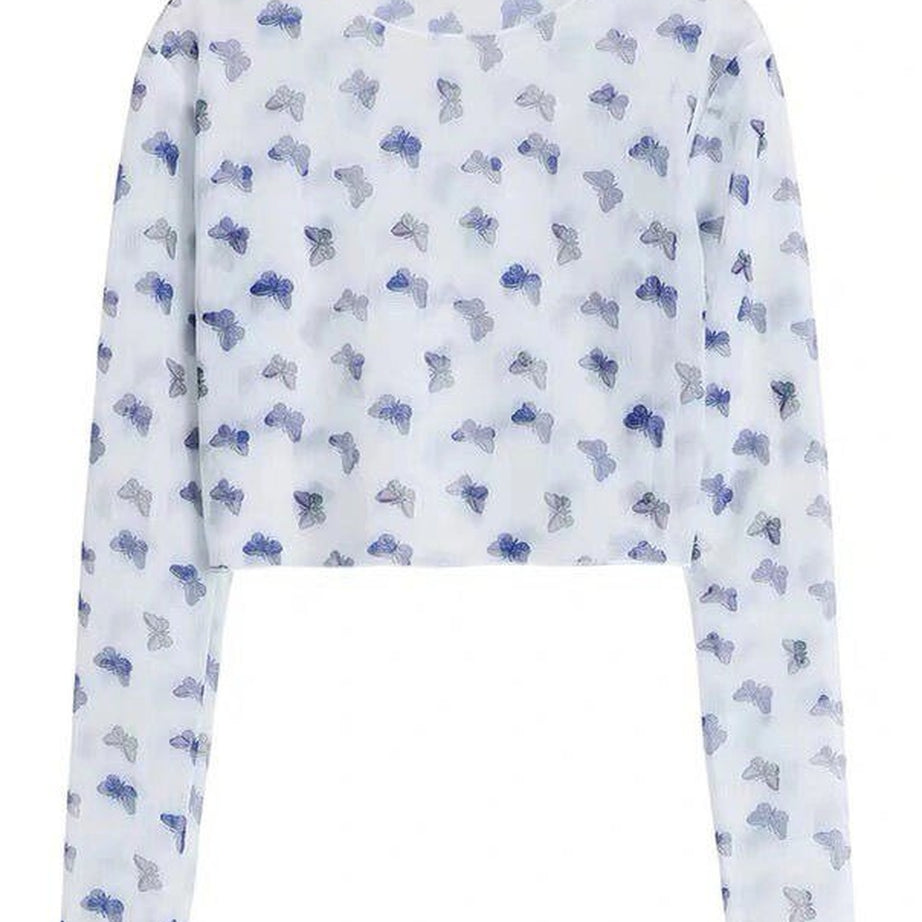 Y2k Long Sleeve Butterfly Mesh Crop Top