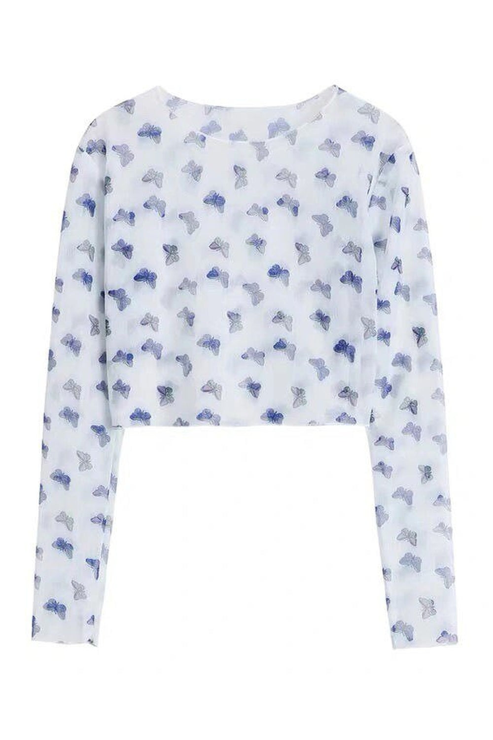 Y2k Long Sleeve Butterfly Mesh Crop Top