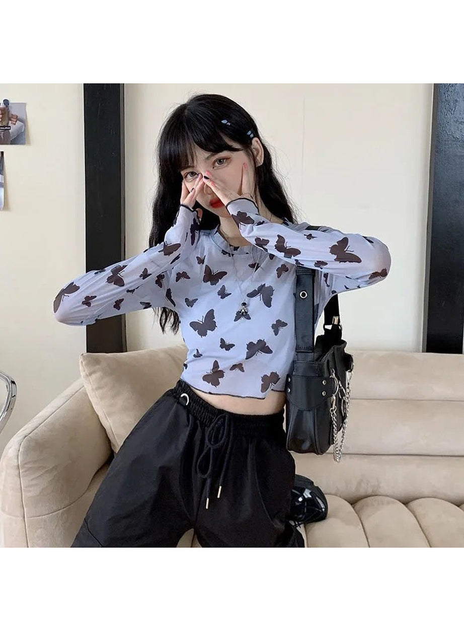 Y2k Long Sleeve Butterfly Mesh Crop Top