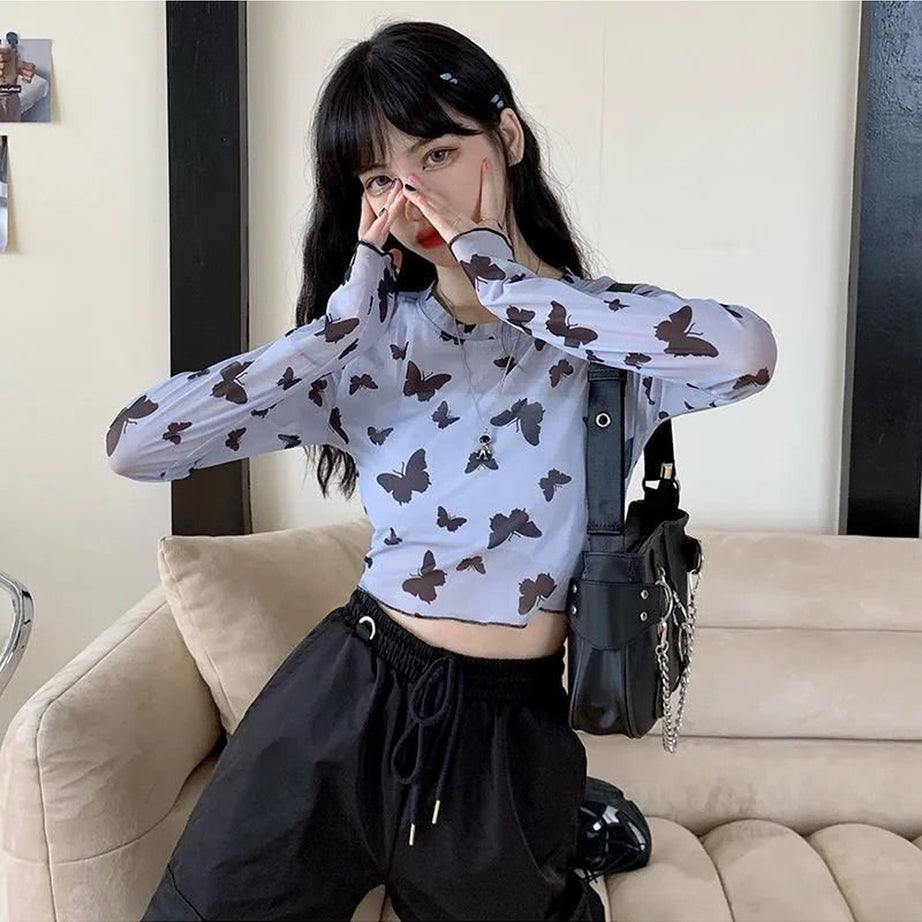 Y2k Long Sleeve Butterfly Mesh Crop Top