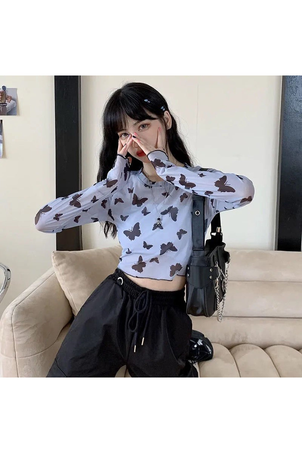 Y2k Long Sleeve Butterfly Mesh Crop Top