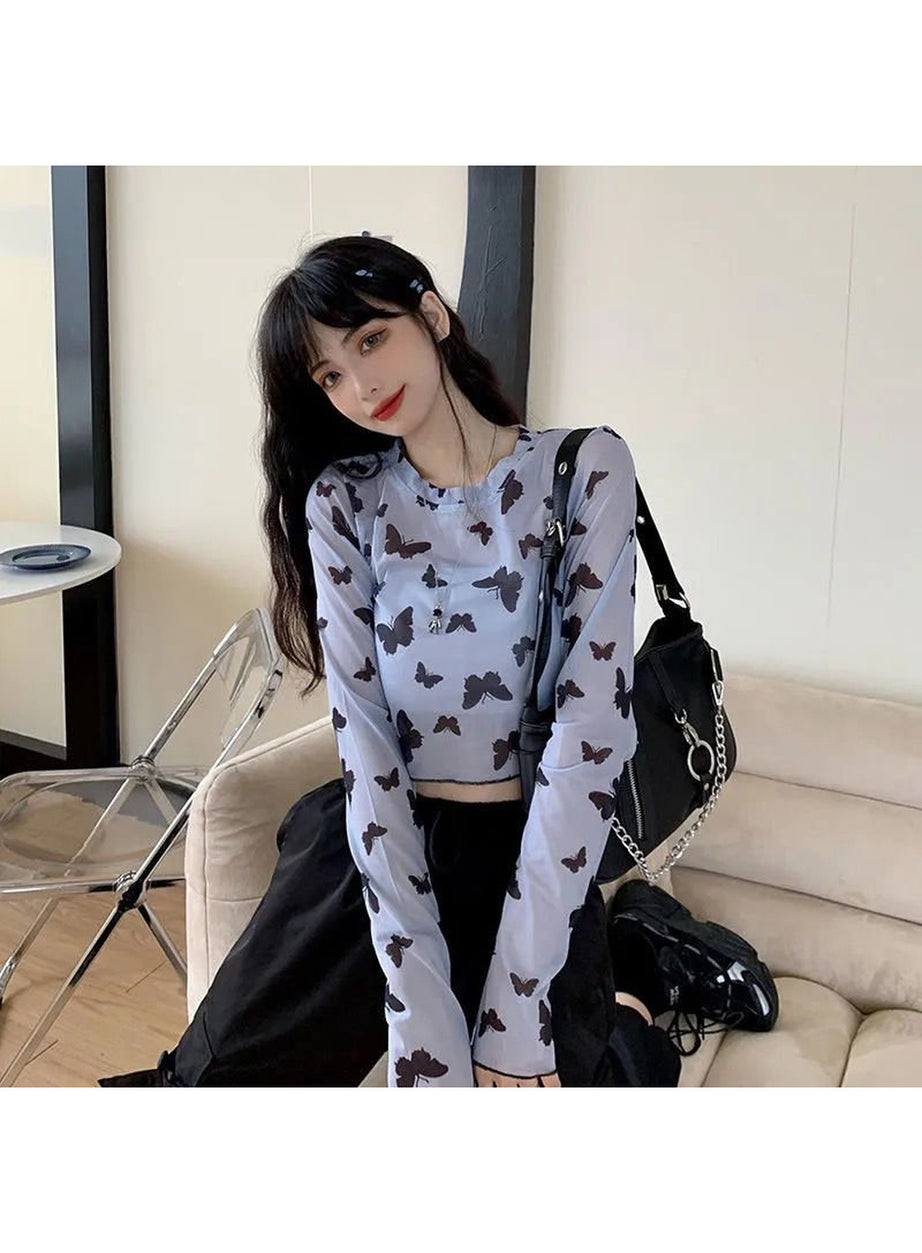 Y2k Long Sleeve Butterfly Mesh Crop Top