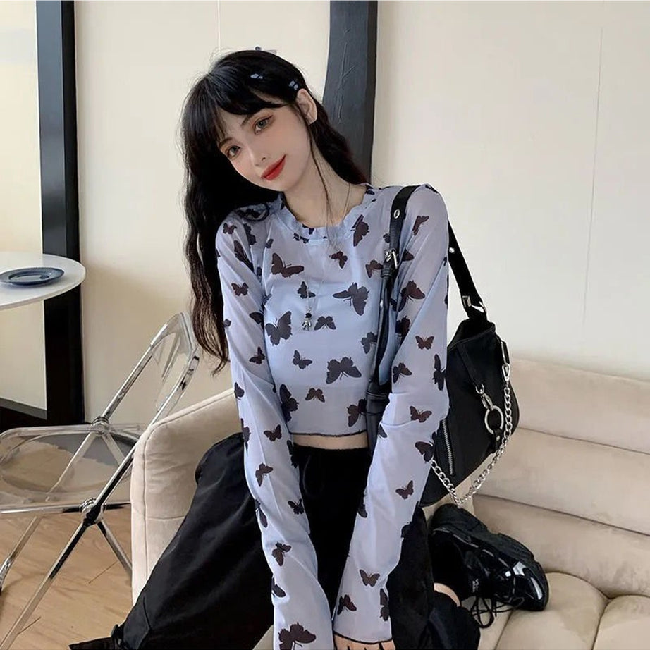 Y2k Long Sleeve Butterfly Mesh Crop Top