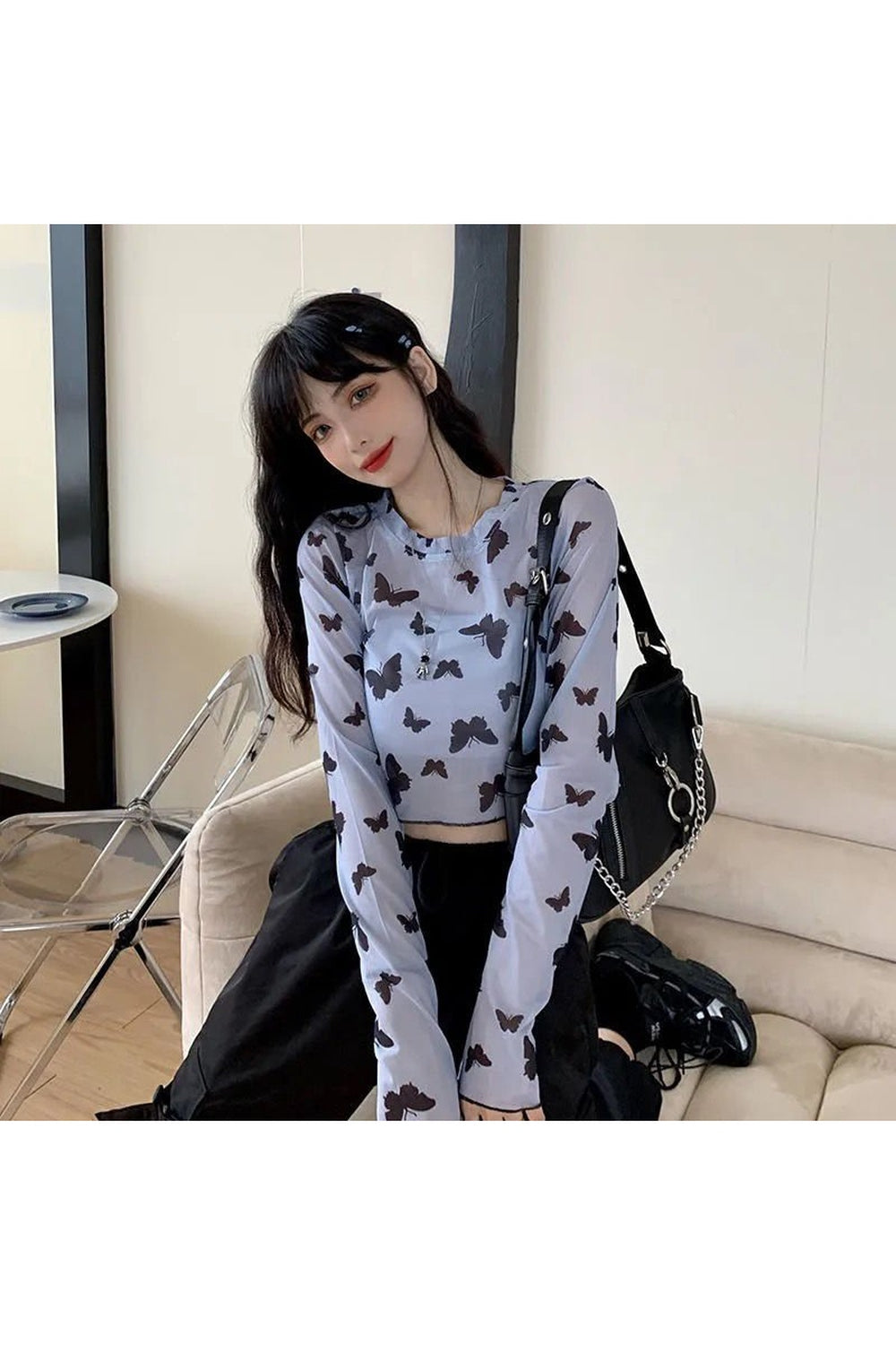 Y2k Long Sleeve Butterfly Mesh Crop Top