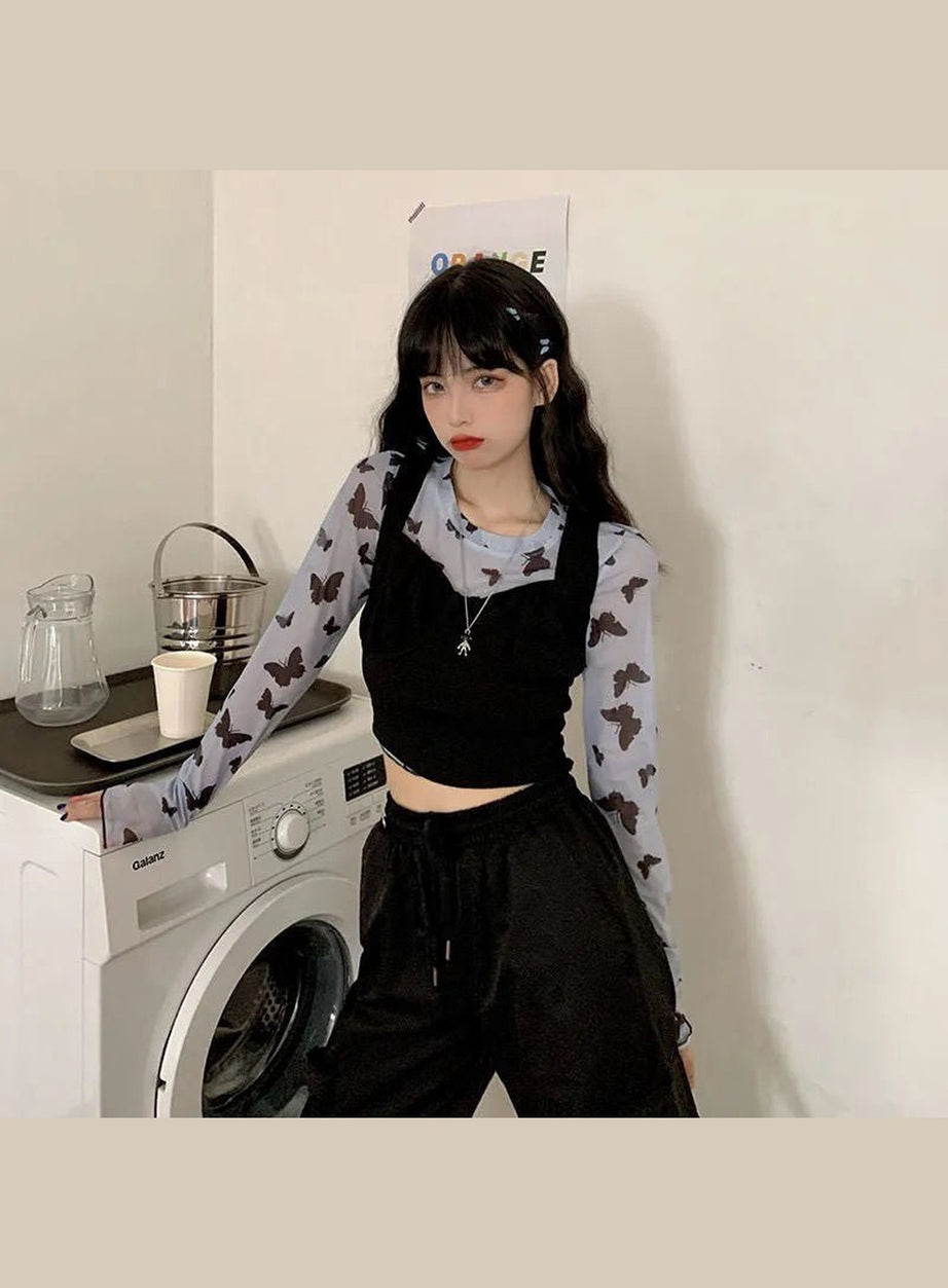 Y2k Long Sleeve Butterfly Mesh Crop Top