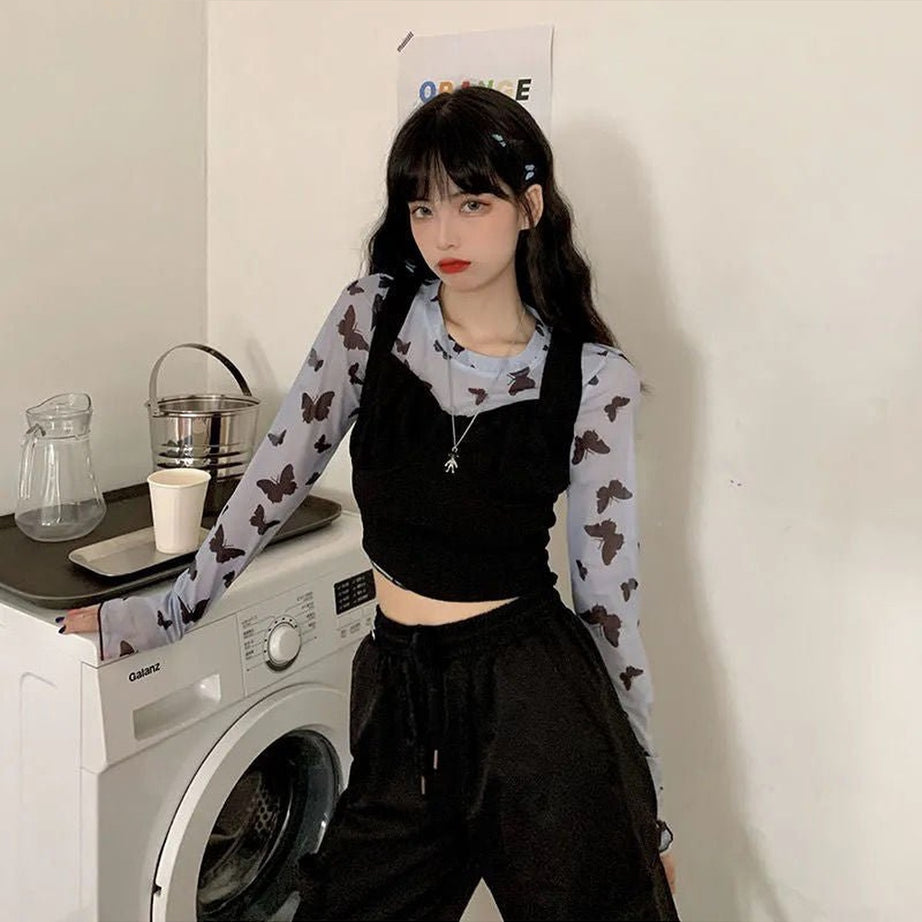 Y2k Long Sleeve Butterfly Mesh Crop Top