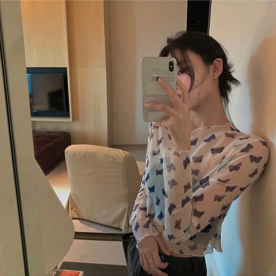 Y2k Long Sleeve Butterfly Mesh Crop Top