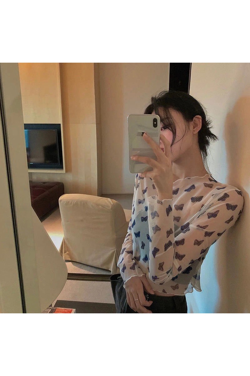 Y2k Long Sleeve Butterfly Mesh Crop Top