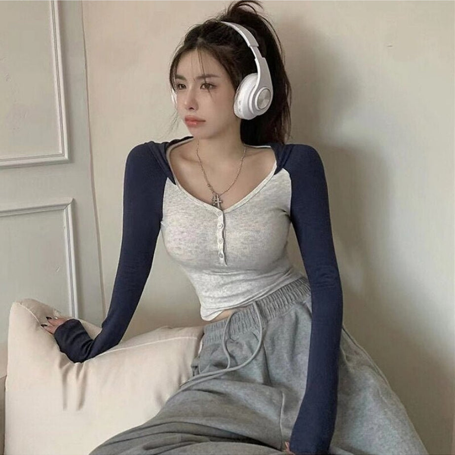 Y2k Long Sleeve Hooded Crop Top