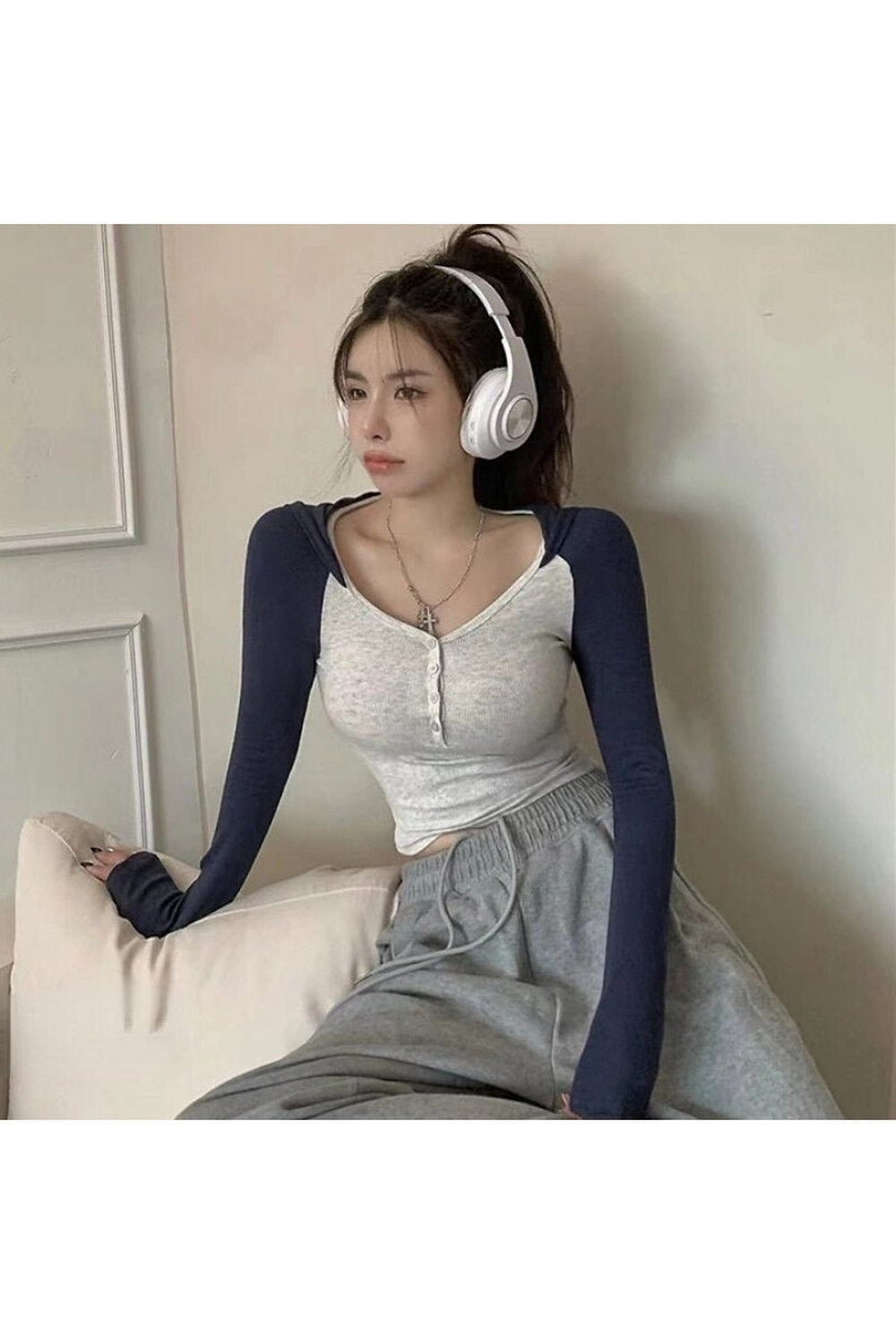 Y2k Long Sleeve Hooded Crop Top