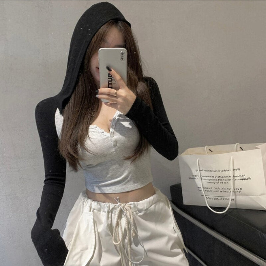 Y2k Long Sleeve Hooded Crop Top