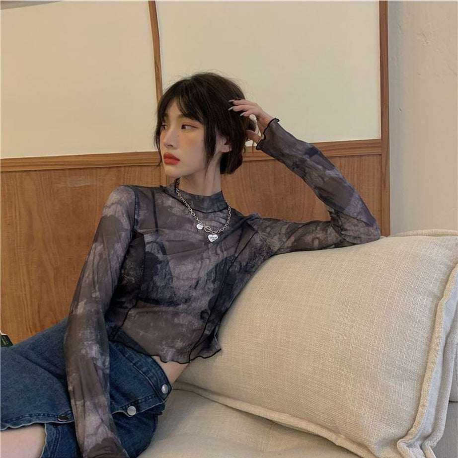 Y2k Long Sleeve Mesh Tie Dye Top