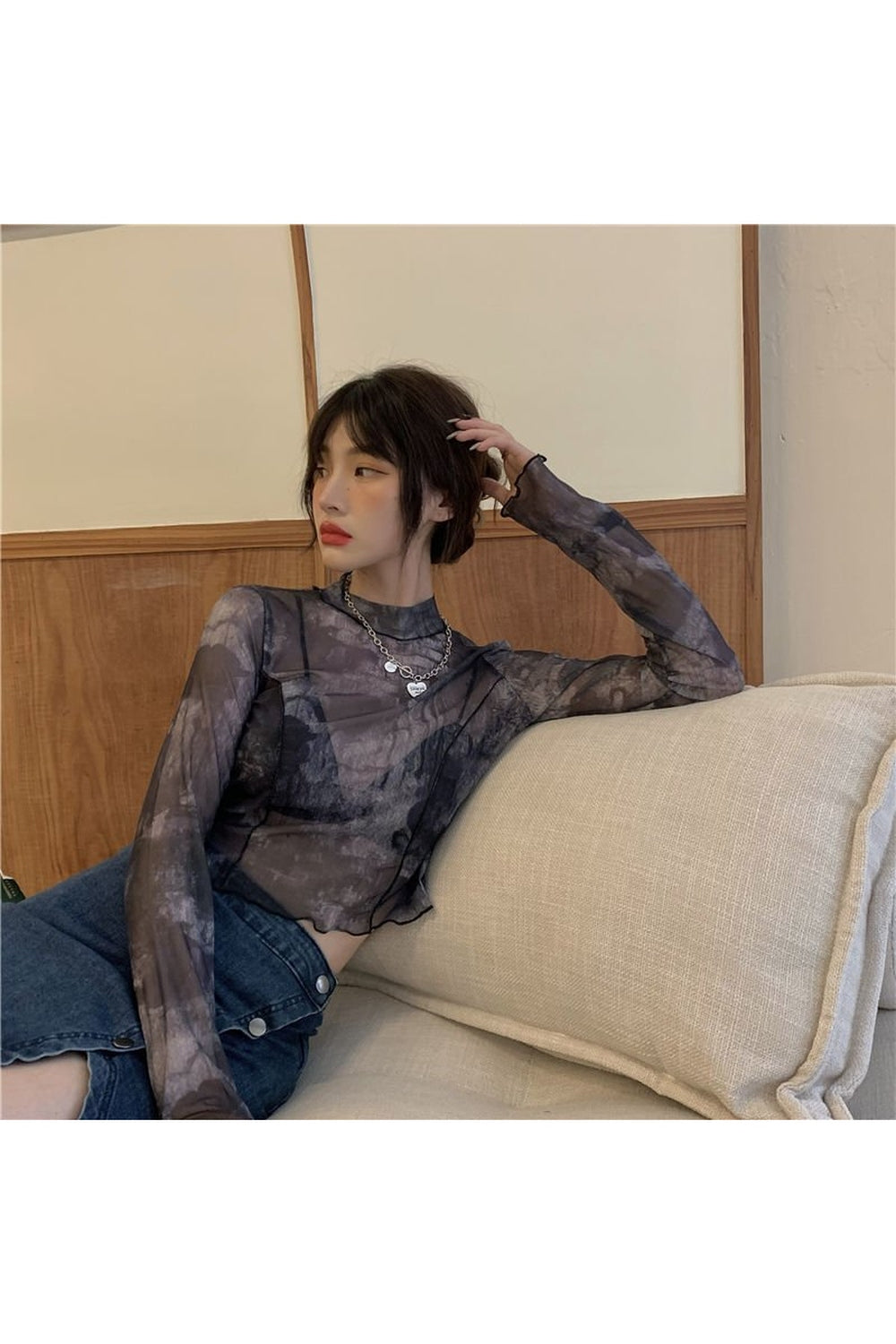 Y2k Long Sleeve Mesh Tie Dye Top