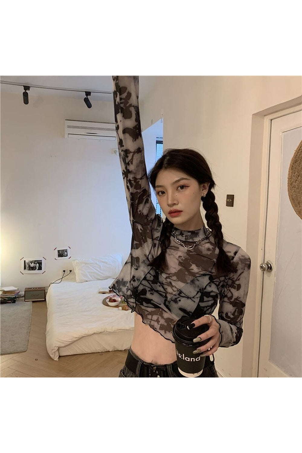 Y2k Long Sleeve Mesh Tie Dye Top