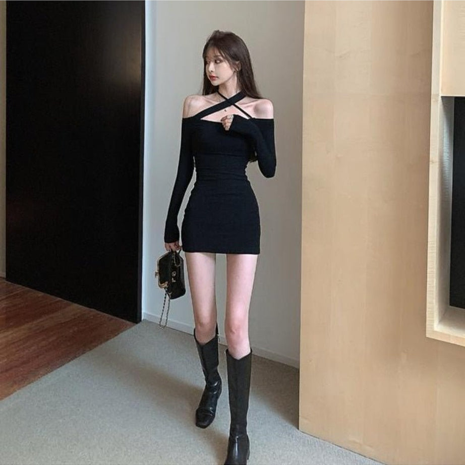 Y2k Long Sleeve Slim Black Dress