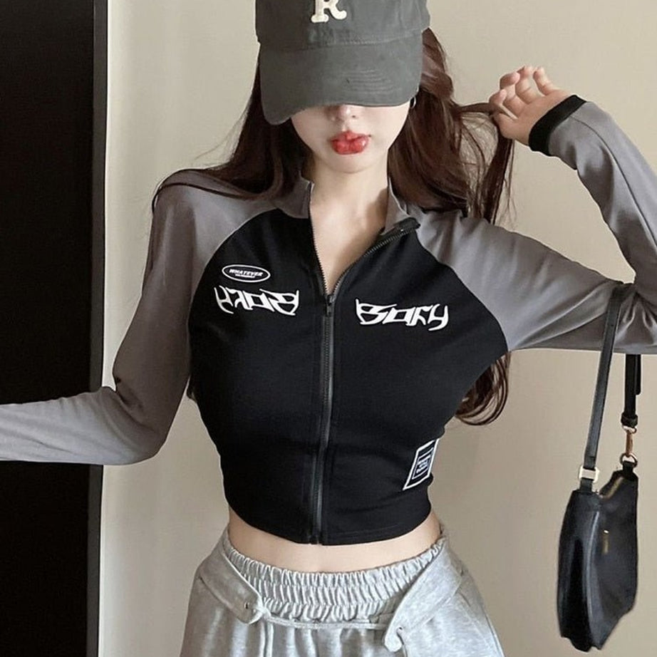 Y2k Acubi Long Sleeve Zip Up T-shirt